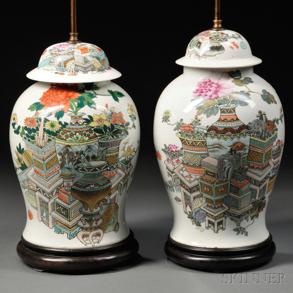 Appraisal: Two Enameled Porcelain Lamps China th century each in the