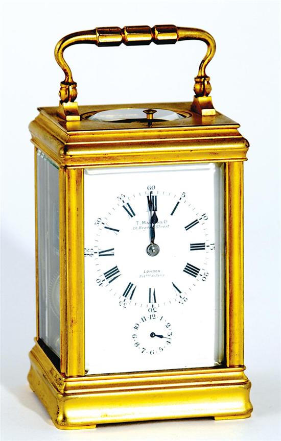 Appraisal: French brass repeater carriage clock late th century beveled glass