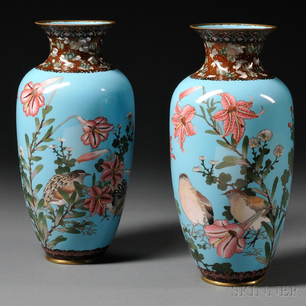 Appraisal: Pair of Cloisonne Vases Japan th century baluster form decorated