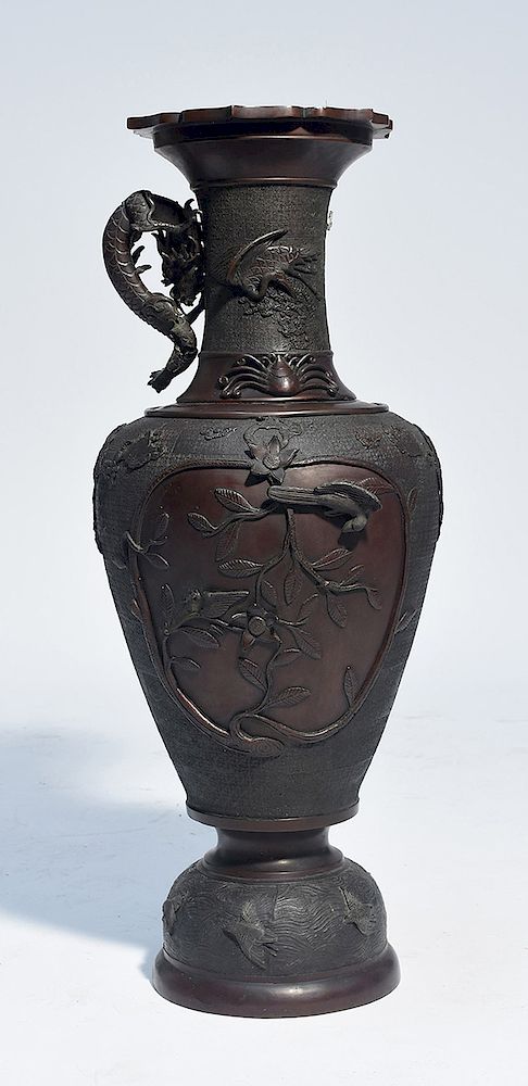 Appraisal: Chinese bronze two-part vase with panels of birds with applied