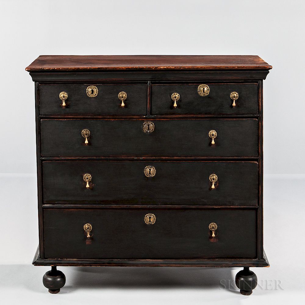 Appraisal: Black-painted Ball-foot Chest of Drawers Black-painted Ball-foot Chest of Drawers