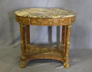 Appraisal: Empire Style Gilt Bronze Mounted Aboyna Oval Center Table Surmounted