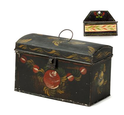 Appraisal: Painted and decorated tinware document box and hanging match box