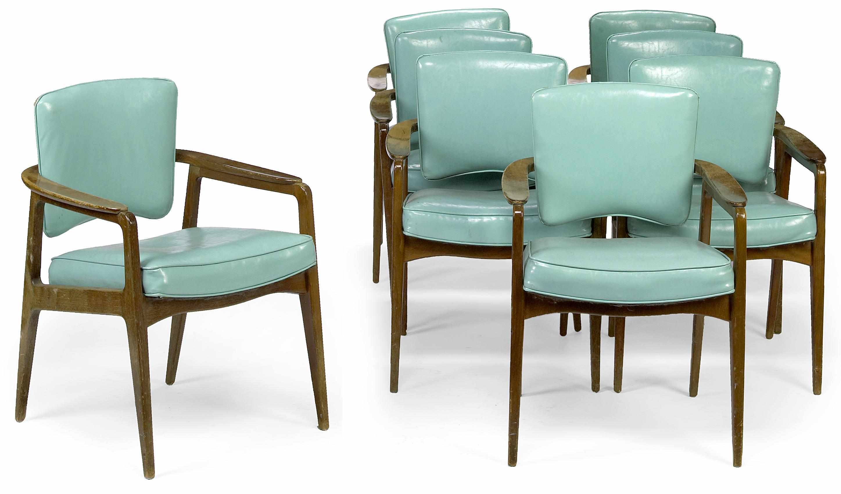 Appraisal: A set of eight France Daverkosen oak and turquoise vinyl