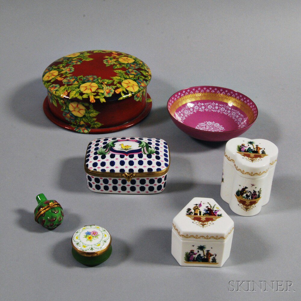 Appraisal: Six Covered Boxes and an Enameled Bowl a lacquered Theodora