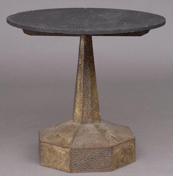 Appraisal: PAUL EVANS PAINTED WOOD TOP PATINATED METAL TABLE The flared