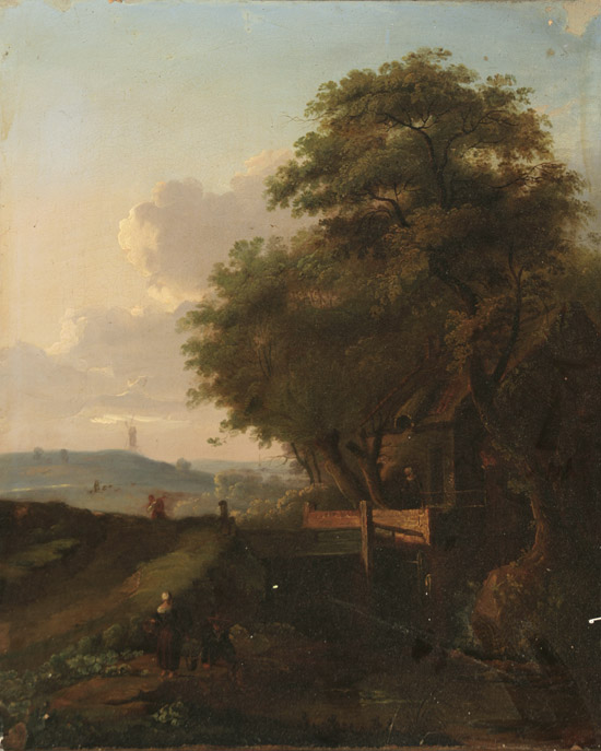 Appraisal: Dutch School th Century Rural Landscape with Figures Outside a