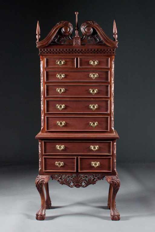 Appraisal: Chippendale style mahogany diminutive highboy split pediment fretwork bonnet ball