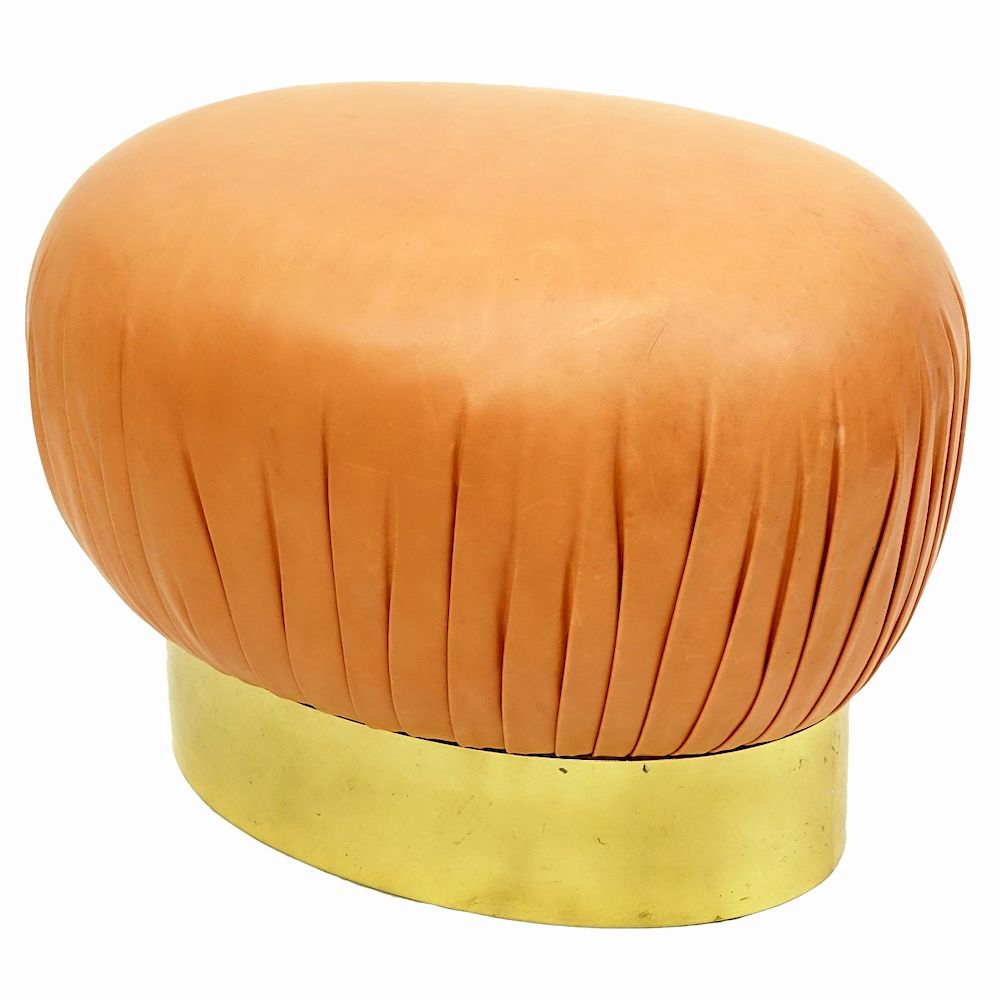 Appraisal: Karl Springer Leather and Brass Poof Ottoman Karl Springer Leather