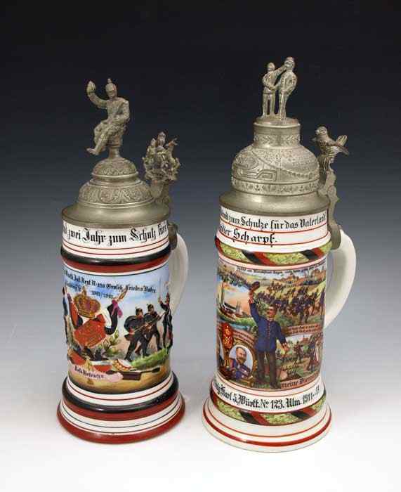 Appraisal: PIECE GERMAN REGIMENTAL STEINS To include th Stratsburg with painted