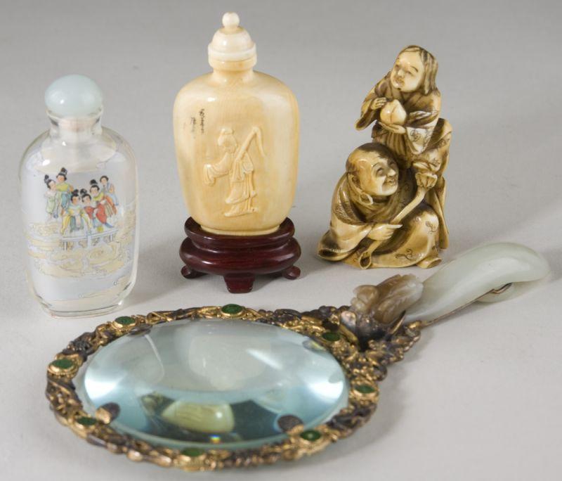 Appraisal: Group of Four Asian Objets d'Art including a magnifying glass