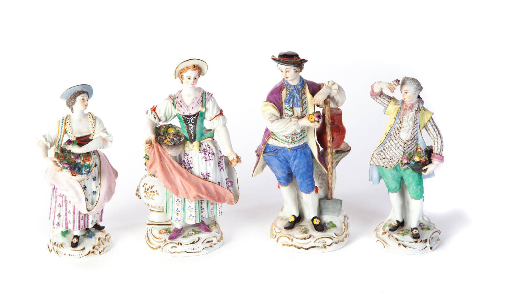 Appraisal: TWO PAIRS OF MEISSEN FIGURINES Germany late th century Both