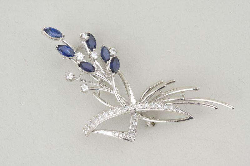 Appraisal: KT White Gold Sapphire Diamond Brooch with wheat motif prong