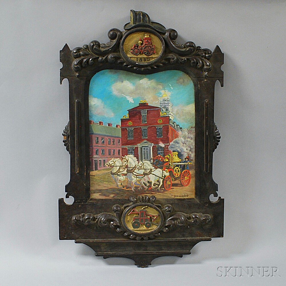 Appraisal: Folk Carved Fire Fighting-themed Picture Frame and Oil on Board