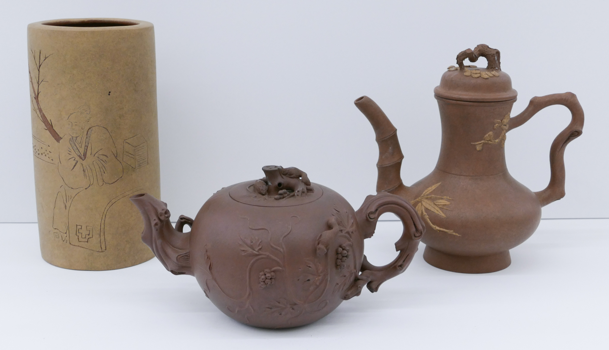 Appraisal: pc Chinese Yixing Teapots and Brush Pot '' to ''