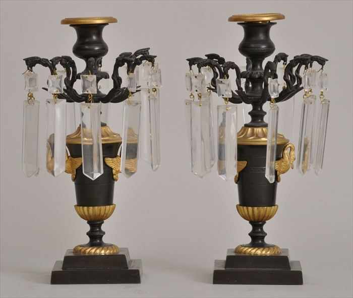 Appraisal: PAIR OF REGENCY-STYLE CUT-GLASS AND PATINATED AND GILT-METAL CANDLESTICKS Each