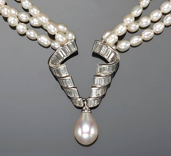 Appraisal: A freshwater cultured pearl and diamond necklace French central drop