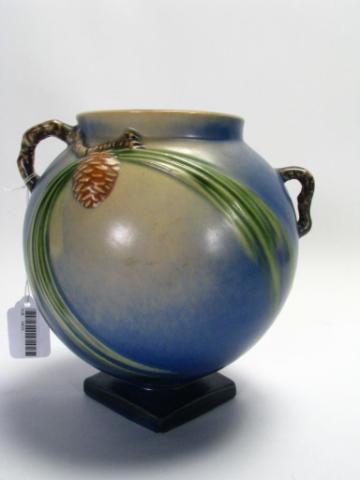 Appraisal: Roseville Pottery pedestal bowl with handles in blue Pine Cone