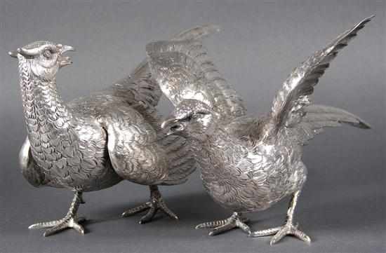 Appraisal: Pair of German chased repousse sterling silver pheasants first half-