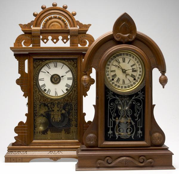 Appraisal: MANTEL CLOCKS Two walnut gingerbread clocks including one by Sessions