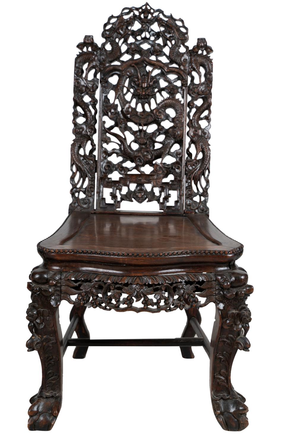 Appraisal: CHINESE CARVED WOOD SIDE CHAIRwith pierced dragon-design back inches wide