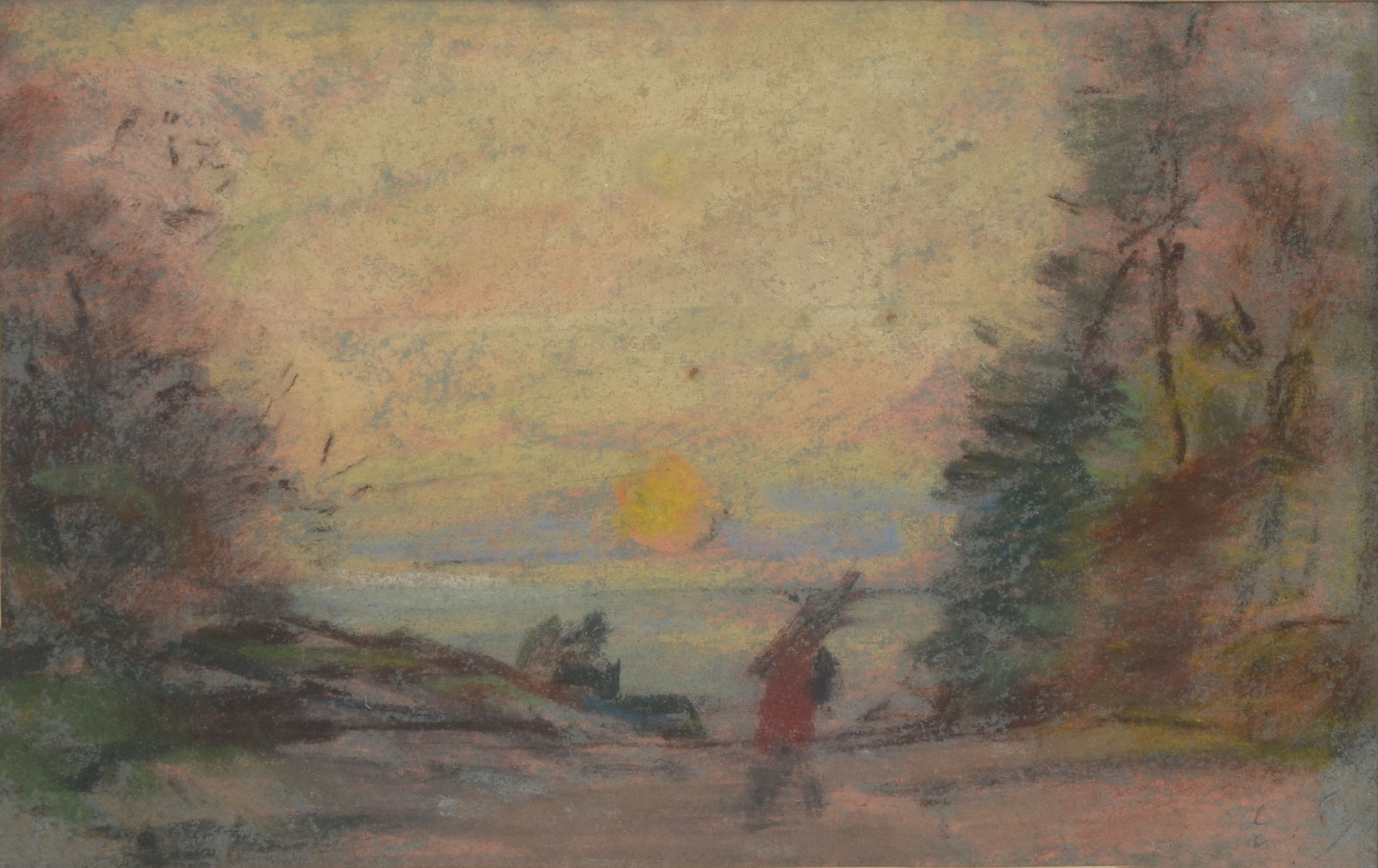 Appraisal: BOUDIN Eugene French - Landscape with Figure and Sun Pastel