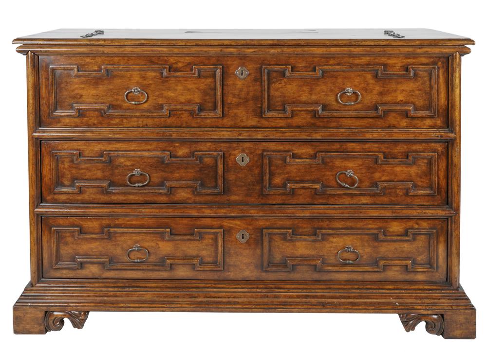 Appraisal: WALNUT CHEST DESK th century the hinged top and drop