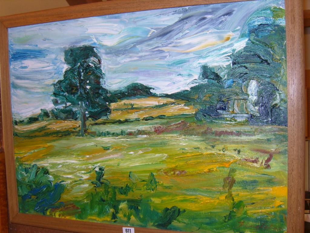 Appraisal: An oil painting on canvas showing a landscape with trees