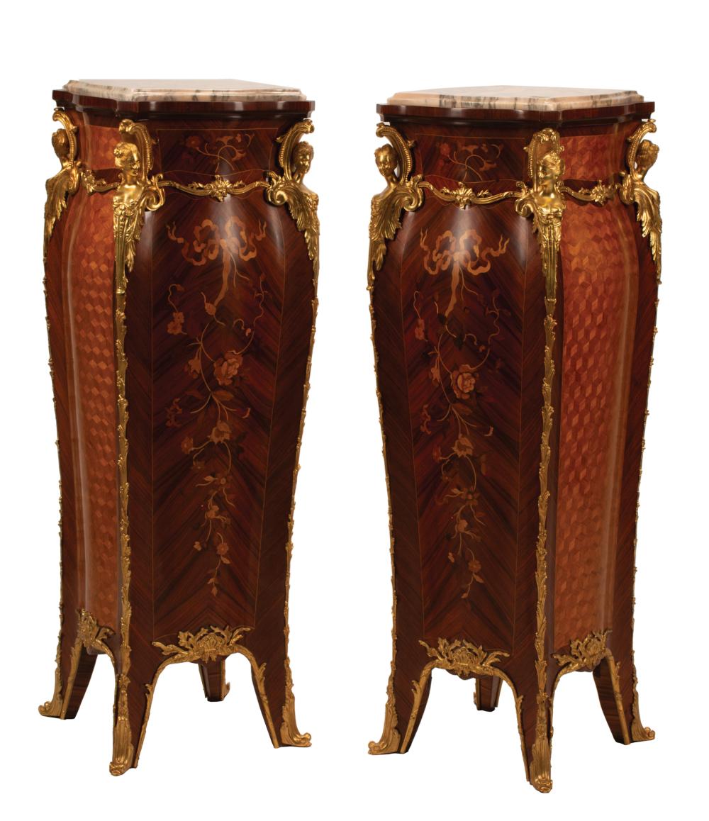 Appraisal: Pair of Louis XV-Style Bronze-Mounted Kingwood Parquetry and Marquetry Pedestals