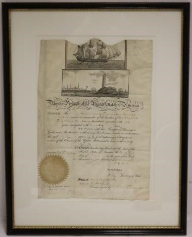 Appraisal: SHIP'S PASSPORT SIGNED BY PRES JOHN QUINCY ADAMSAND SECRETARY OF