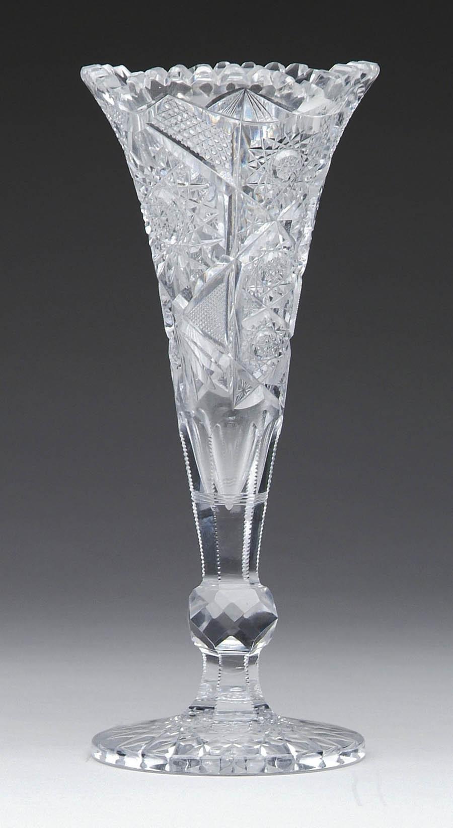 Appraisal: CUT GLASS TRUMPET VASE Lovely cut glass vase is decorated