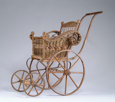 Appraisal: VICTORIAN WICKER DOLL BUGGY Nice Victorian buggy has rolled wicker