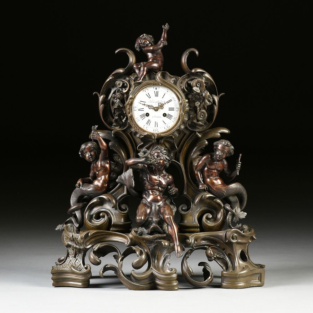 Appraisal: A GRAND ROCOCO REVIVAL PATINATED BRONZE FIGURAL MANTLE CLOCK RETAILED