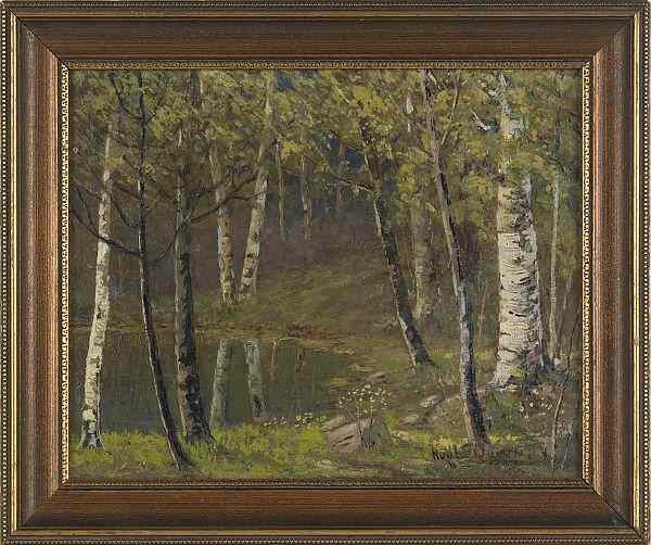 Appraisal: Oil on board landscape of birch trees th c signed