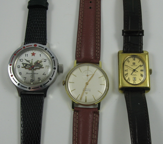 Appraisal: THREE MEN'S WRISTWATCHES Russian Military Boctok Vostok naval missile cruiser