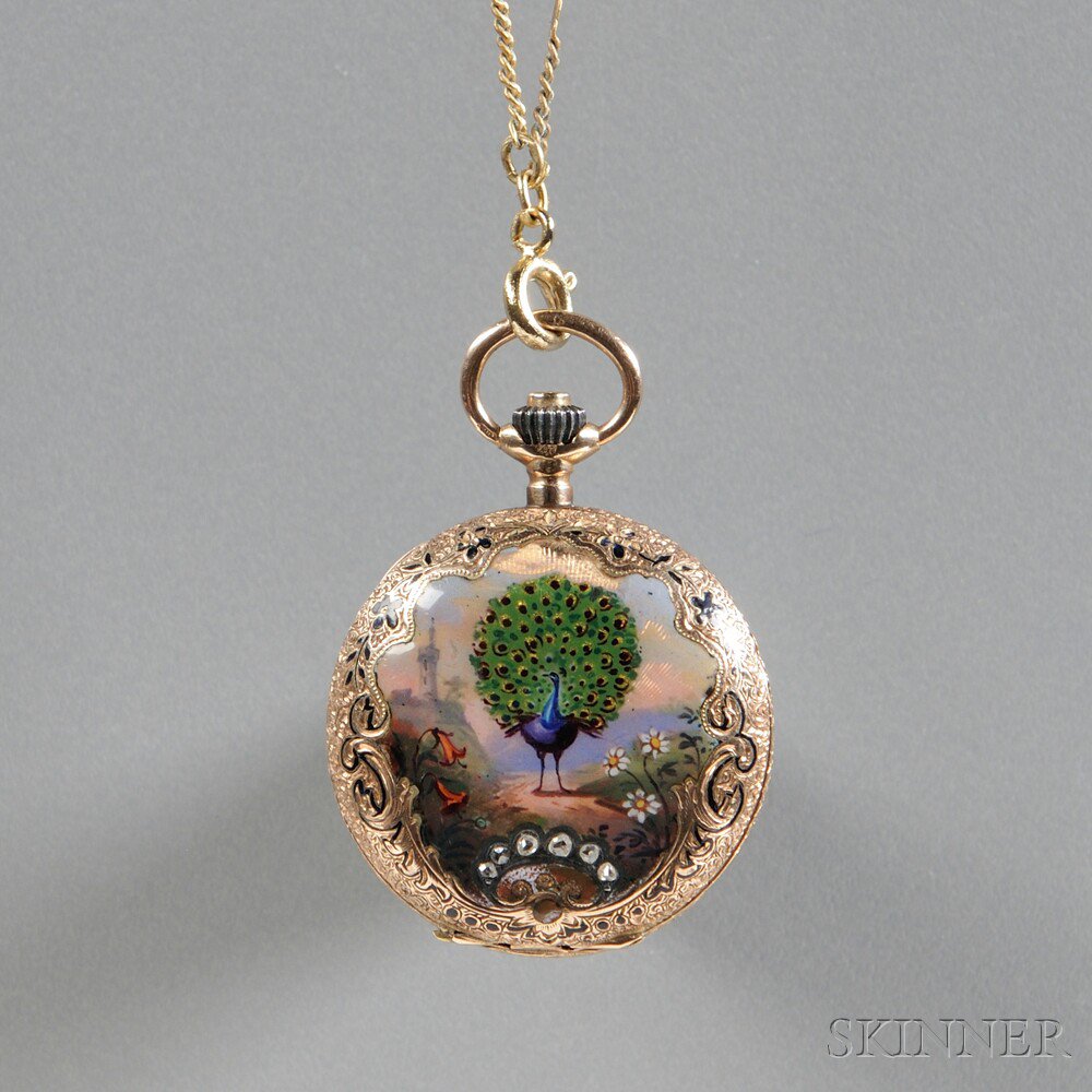 Appraisal: Lady's kt Gold Hunting Case Pendant Watch Switzerland enamel decoration