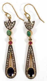 Appraisal: GOLD SAPPHIRE RUBY EMERALD DIAMOND EARRINGS KT YELLOW GOLD SAPPHIRE