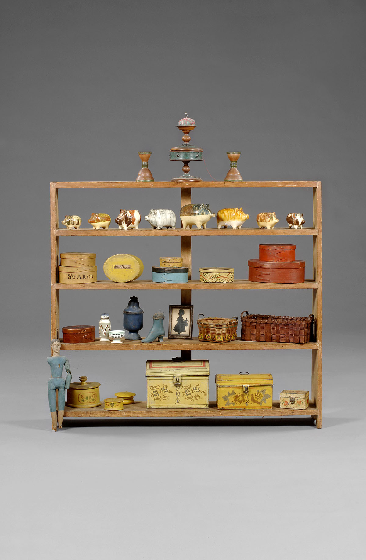 Appraisal: TWO AMERICAN PAINTED PINE UTILITARIAN WARES AND A DOLL EACH