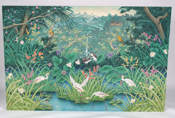 Appraisal: Large Asian ideal landscape painting temple and wildlife scene x