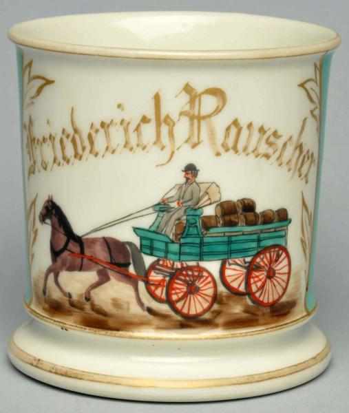 Appraisal: Horse-Drawn Barrel Wagon Shaving Mug Gilt name Friedrich Rauscher Nice