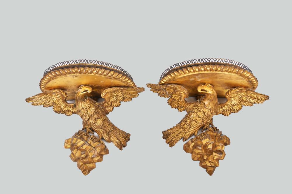 Appraisal: PAIR OF ANTIQUE GILT WOOD EAGLE BRACKETS nd Half th