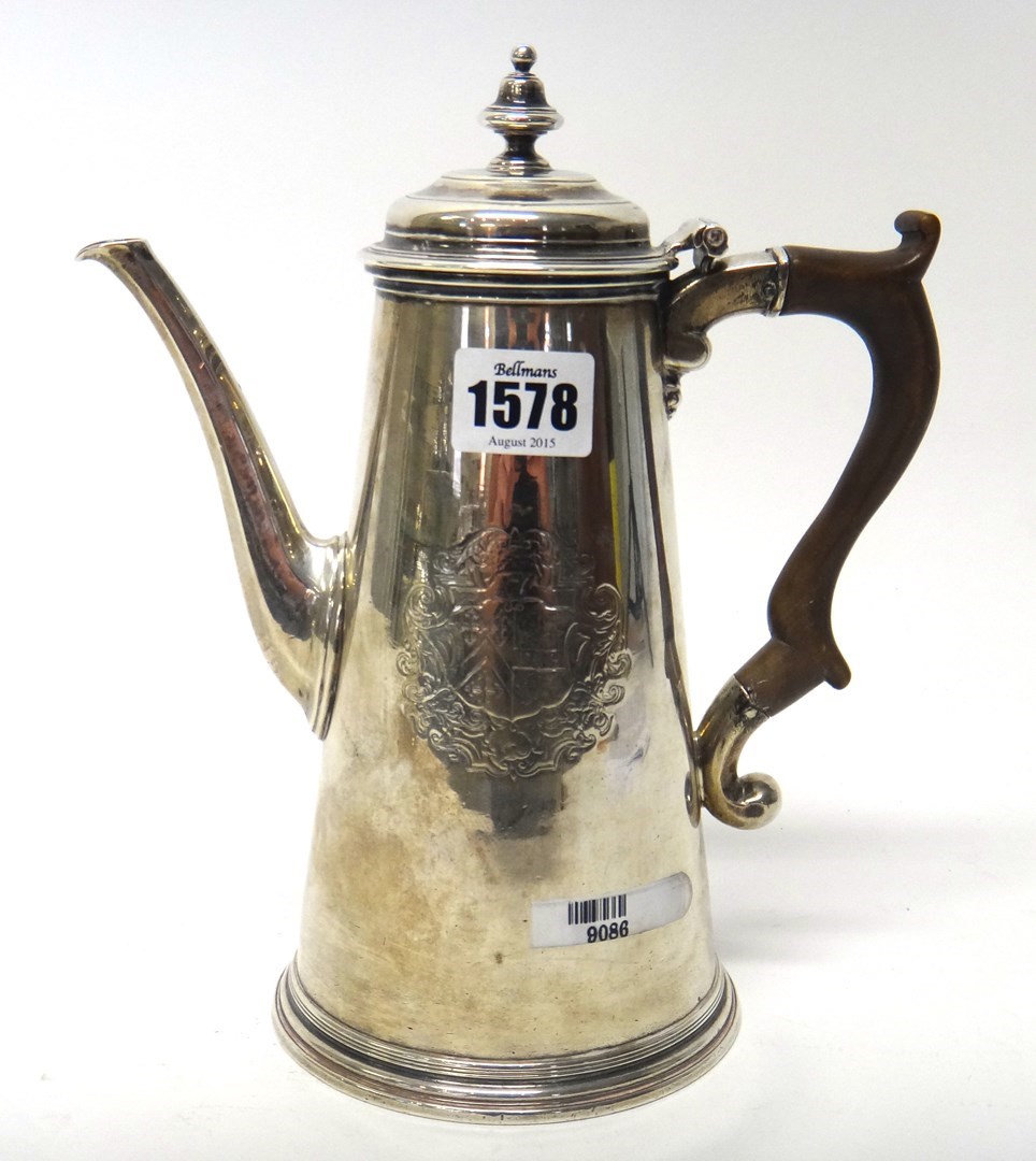 Appraisal: A silver coffee pot of tapering cylindrical form on a