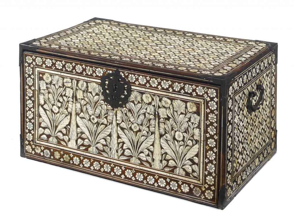 Appraisal: A MUGHAL IVORY-INLAID FALL-FRONT CABINET GUJARAT OR SINDH decorated with