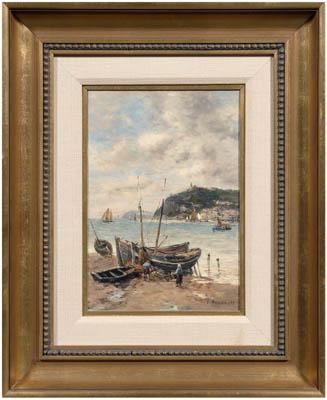 Appraisal: French School th century painting coastal scene with beached fishing