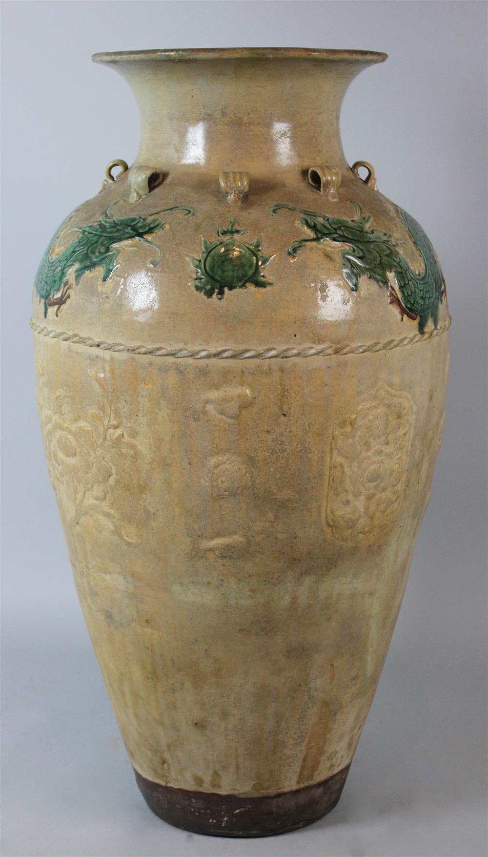 Appraisal: TALL ASIAN POTTERY STORAGE JAR of baluster form with small