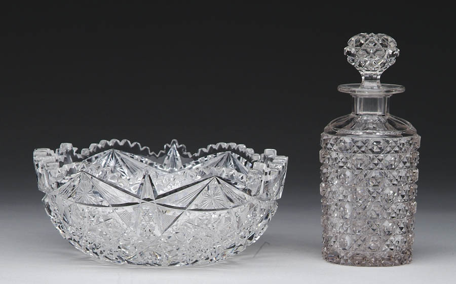 Appraisal: TWO CUT GLASS ITEMS Cut glass bowl has hobstar design