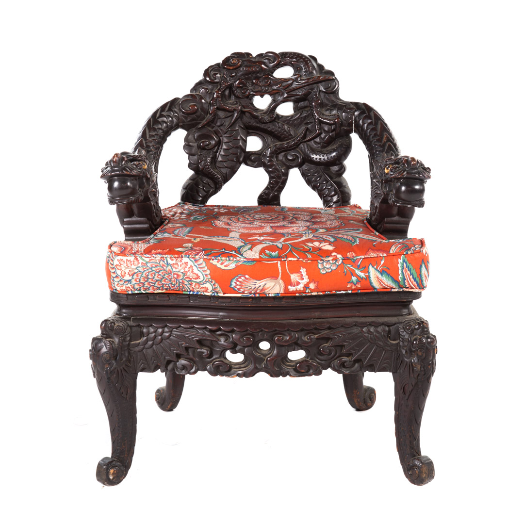 Appraisal: Chinese carved hardwood Dragon armchair early th century scroll carved