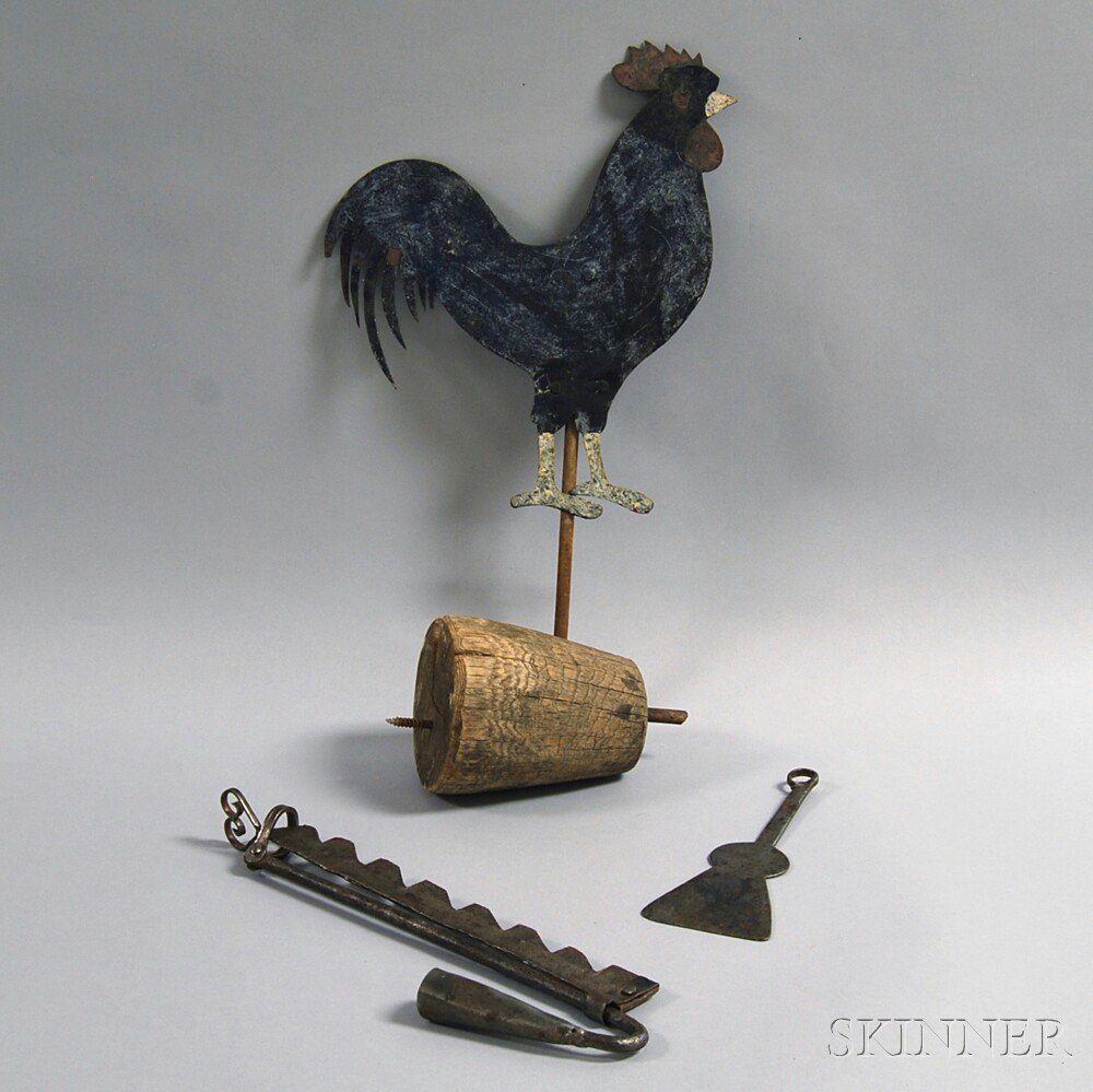 Appraisal: Three Metal Objects a painted sheet iron rooster an iron