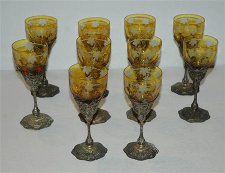 Appraisal: Set of Ten Silver Mounted Etched Amber Glass Wine Glasses