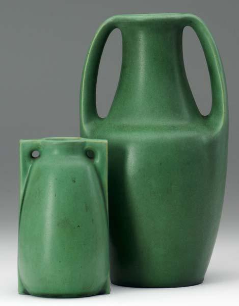 Appraisal: TECO Two handled vases covered in smooth matte green glaze